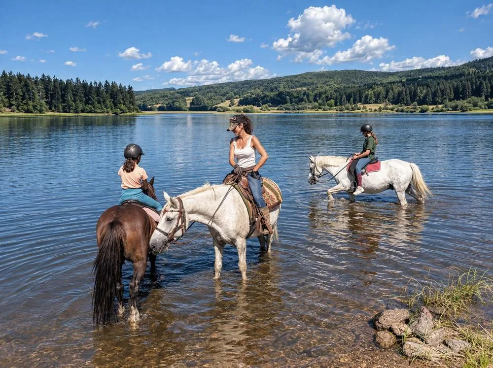 Cavaliers et chevaux dans le lac
